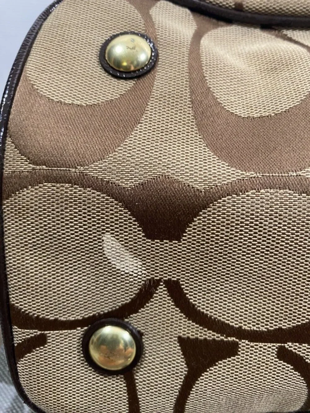 Coach Signature Canvas Tote Bag With Brown Leather Trim & Gold Hardware F21949